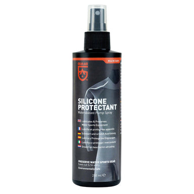Image of Gear Aid Silicone Protectant water-based pump spray bottle, black container with clear spray nozzle, front view on white background.