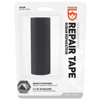 Image of Gear Aid Tenacious Tape black repair tape in retail blister packaging, featuring a rolled nylon repair strip, front-facing view on white background.
