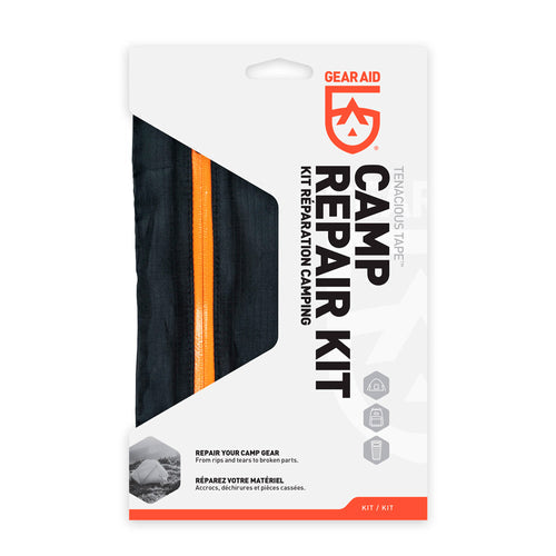 Image of Gear Aid Camp Repair Kit retail packaging with visible black pouch and orange zipper, front view showing branded cardboard sleeve on a white background.