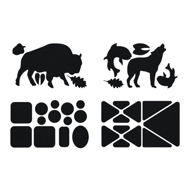 Image of black adhesive gear repair patches in assorted shapes, including animal silhouettes and geometric forms, arranged flat on a white background.