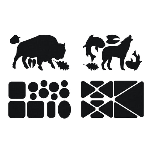 Image of black adhesive gear repair patches in assorted shapes, including animal silhouettes and geometric forms, arranged flat on a white background.