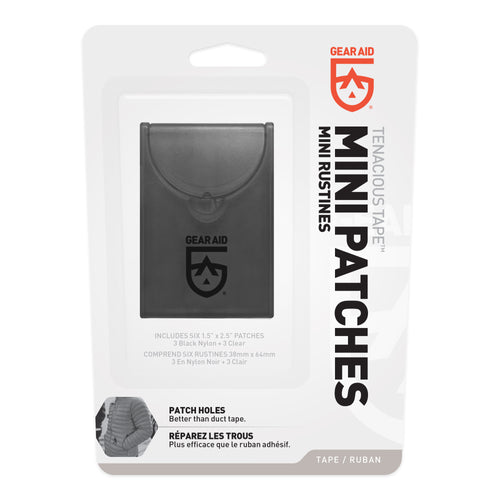 Image of Gear Aid Tenacious Tape Mini Patches retail packaging with compact repair patch case visible, front-facing product display on white background.