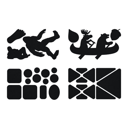 Image of Gear Aid Tenacious Tape Outdoor Patches featuring black decorative silhouettes and geometric patch shapes arranged in sets, front-facing product view on white background.