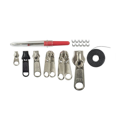 Image of zipper repair kit with multiple metal zipper sliders, needle with red handle, black zipper tape, and replacement clips arranged in a row on white background.