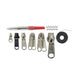 Image of zipper repair kit with multiple metal zipper sliders, needle with red handle, black zipper tape, and replacement clips arranged in a row on white background.