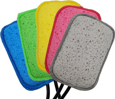 Image of Geyser Systems scrub sponge attachments in blue, green, yellow, pink and grey with porous texture and black hose connections, angled front view on white background.