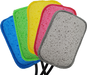 Image of Geyser Systems scrub sponge attachments in blue, green, yellow, pink and grey with porous texture and black hose connections, angled front view on white background.