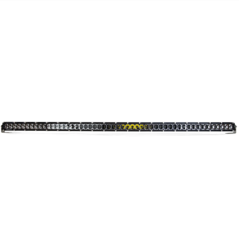 Image of a long, thin automotive LED light bar with numerous small LED lights and a black housing, featuring yellow branding in the center, set against a white background, designed for off-road vehicle lighting