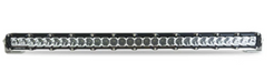 Image of a black LED light bar with a row of circular lights and an aluminum housing, mounted on two adjustable brackets on a white background
