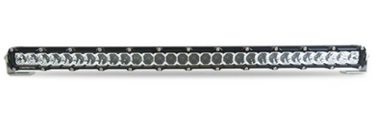 Image of a black LED light bar with a row of circular lights and an aluminum housing, mounted on two adjustable brackets on a white background