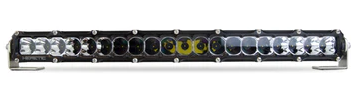 Image of a black LED light bar with a mix of clear and yellow-tinted circular lights, mounted on two adjustable brackets on a white background