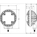 A technical diagram showing the front and side views of a round LED light with measurements in inches. The front view shows the overall width and height, while the side view shows the depth and mounting bracket dimensions