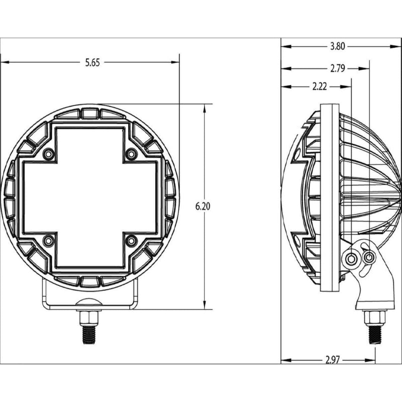 A technical diagram showing the front and side views of a round LED light with measurements in inches. The front view shows the overall width and height, while the side view shows the depth and mounting bracket dimensions