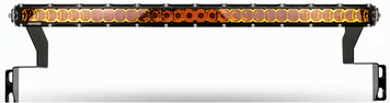 Image of a black LED light bar with amber-colored circular lights, mounted on two black, L-shaped brackets on a white background