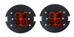 Pair of round black off-road lights with amber lenses, featuring four square LED lights each, shown on a white background.