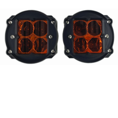 Image of two identical round off-road LED lights, each with a black housing, silver bolts, and four amber-colored lenses, on a white background.