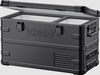Image of an ICECO portable refrigerator/freezer in a rugged black finish with its lid partially open, revealing a white interior with two distinct compartments, viewed from an angled front perspective on a grey background