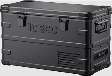 Image of an ICECO portable refrigerator/freezer in a rugged black finish, featuring embossed ICECO branding on the side, heavy-duty latches, and a digital display panel, viewed from an angled front perspective on a grey background