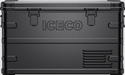 Image of an ICECO portable refrigerator/freezer in a rugged black finish, featuring prominent embossed ICECO branding on the front, heavy-duty latches, and ventilation grates, viewed from a direct front perspective on a grey background