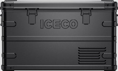 Image of an ICECO portable refrigerator/freezer in a rugged black finish, featuring prominent embossed ICECO branding on the front, heavy-duty latches, and ventilation grates, viewed from a direct front perspective on a grey background