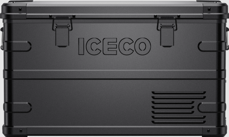 Image of an ICECO portable refrigerator/freezer in a rugged black finish, featuring prominent embossed ICECO branding on the front, heavy-duty latches, and ventilation grates, viewed from a direct front perspective on a grey background