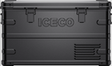 Image of an ICECO portable refrigerator/freezer in a rugged black finish, featuring prominent embossed ICECO branding on the front, heavy-duty latches, and ventilation grates, viewed from a direct front perspective on a gray background