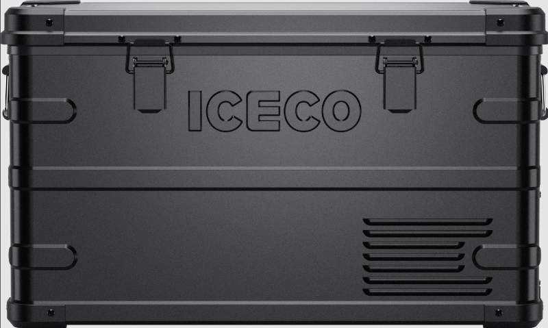 Image of an ICECO portable refrigerator/freezer in a rugged black finish, featuring prominent embossed ICECO branding on the front, heavy-duty latches, and ventilation grates, viewed from a direct front perspective on a gray background