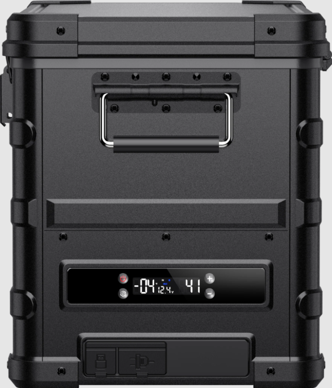 Image of the front panel of an ICECO portable refrigerator/freezer in black, showing the digital display with temperature and battery readings, control buttons, and various ports, highlighting its functional interface