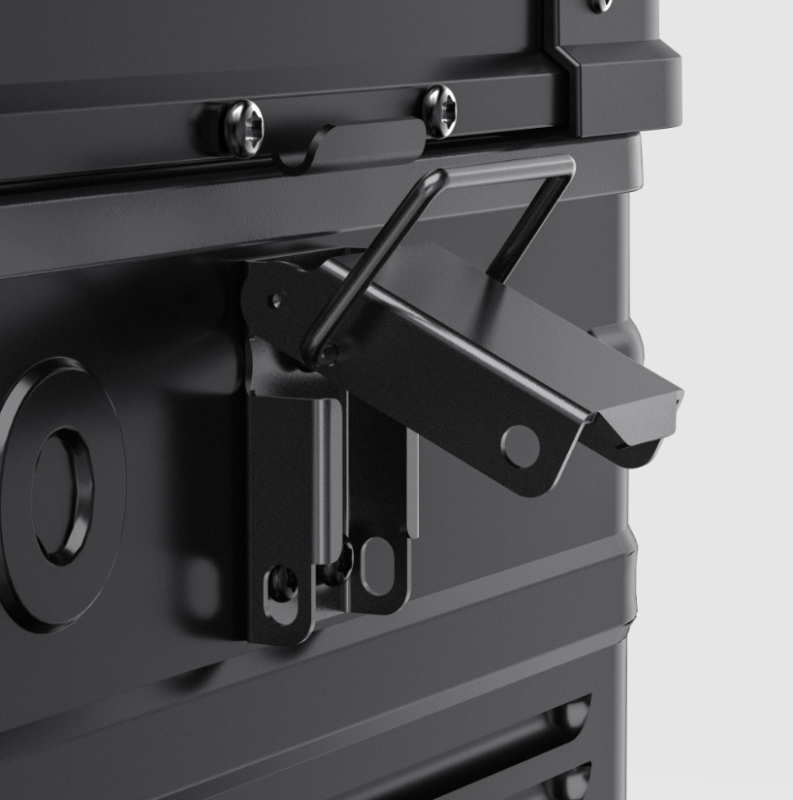 Image of a close-up of a heavy-duty, black metal latch on an ICECO portable refrigerator/freezer, showing its robust construction and mechanism for securing the lid
