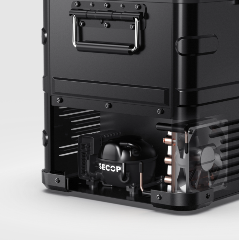 Image of a cutaway view of an ICECO portable refrigerator/freezer, revealing the internal SECOP compressor and cooling components, with a fan and condenser coils visible, demonstrating its engineering and internal parts