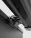 Image of a close-up of a black hinge mechanism on an ICECO portable refrigerator/freezer, showing its robust construction and how the lid is connected to the body