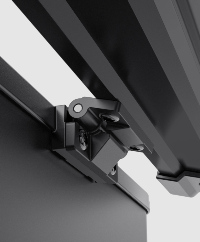 Image of a close-up of a black hinge mechanism on an ICECO portable refrigerator/freezer, showing its robust construction and how the lid is connected to the body