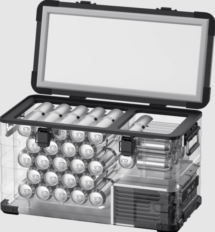 Image of a clear, transparent ICECO portable refrigerator/freezer with its lid open, revealing multiple rows of silver cans neatly stacked inside, showcasing its capacity and organized interior