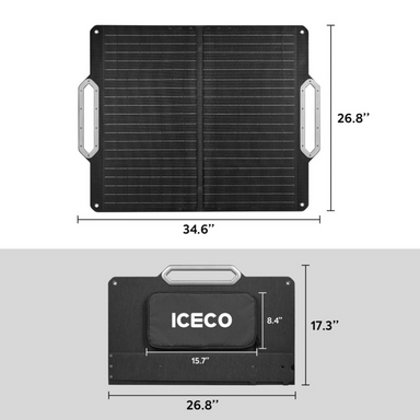 An image displaying the dimensions of an 80W foldable solar panel. The top section shows the solar panel fully unfolded, measuring 34.6" in width and 26.8" in height. The bottom section shows the solar panel folded, revealing a central ICECO-branded pouch, with the folded dimensions being 26.8" in width and 17.3" in height. The pouch itself measures 15.7" in width and 8.4" in height