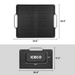 An image displaying the dimensions of an 80W foldable solar panel. The top section shows the solar panel fully unfolded, measuring 34.6" in width and 26.8" in height. The bottom section shows the solar panel folded, revealing a central ICECO-branded pouch, with the folded dimensions being 26.8" in width and 17.3" in height. The pouch itself measures 15.7" in width and 8.4" in height