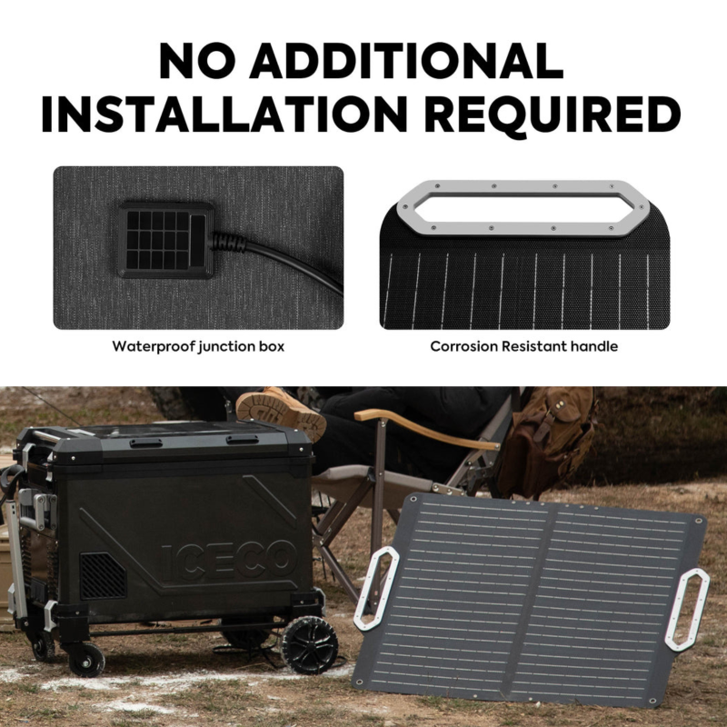 Image of a black 80W foldable solar panel with a waterproof junction box and corrosion-resistant handles, shown with an ICECO cooler in an outdoor setting, emphasizing no additional installation is needed