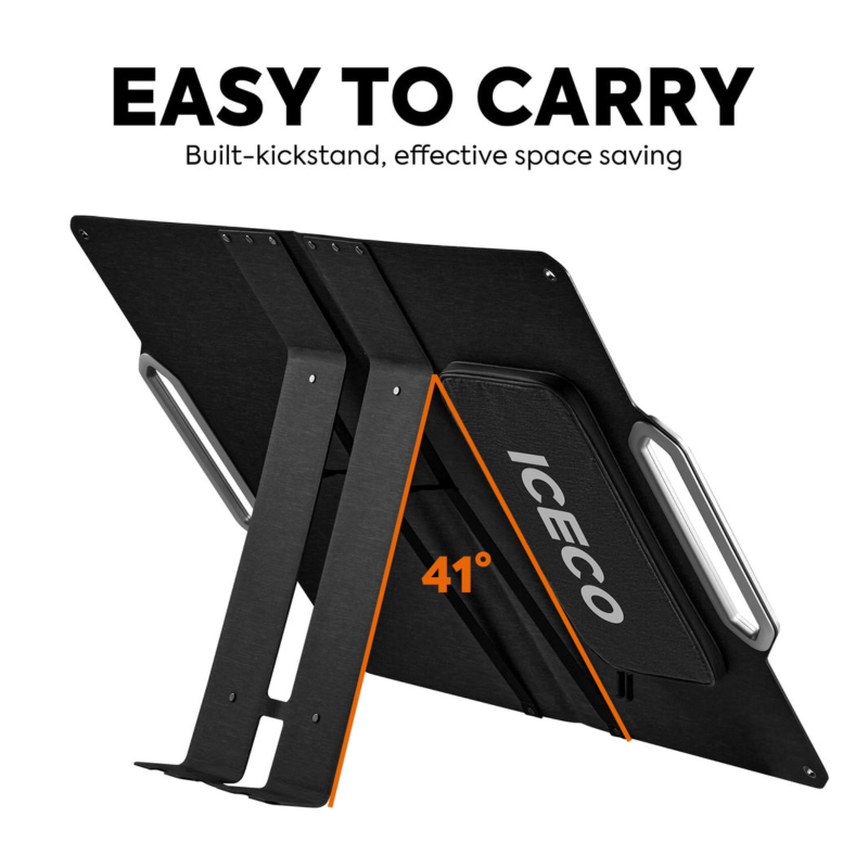 An image highlighting the "EASY TO CARRY" feature of the ICECO 80W foldable solar panel, emphasizing its built-in kickstand for effective space-saving. The image shows the black solar panel deployed at a 41-degree angle, supported by its integrated kickstand, with the ICECO logo visible on the side of the folded panel