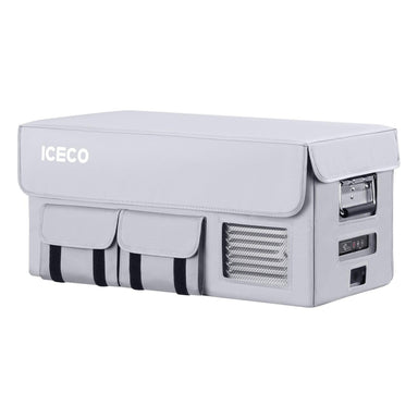 Image of an ICECO portable refrigerator/freezer in a protective gray cover, featuring front pockets and a side view of the control panel and vent on a white background