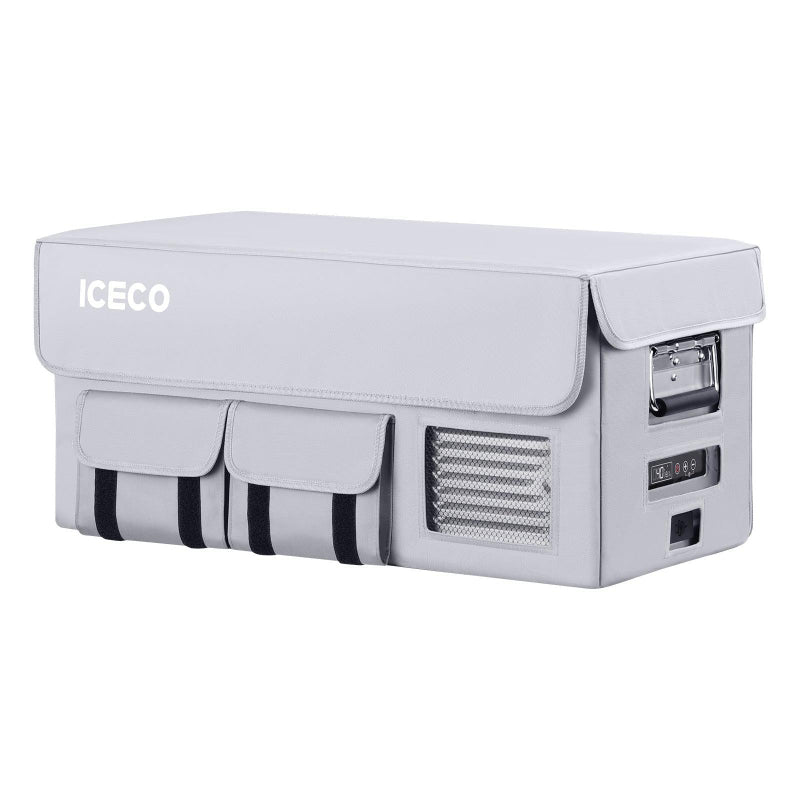 Image of an ICECO portable refrigerator/freezer in a protective gray cover, featuring front pockets and a side view of the control panel and vent on a white background