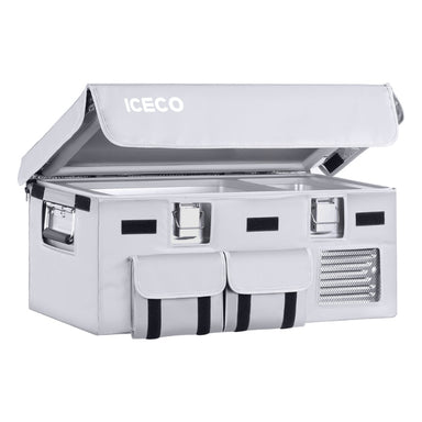 Image of an ICECO portable refrigerator/freezer in a gray protective cover with the lid open, revealing two compartments inside. The front of the cover features pockets, and a side vent is visible, all set against a white background