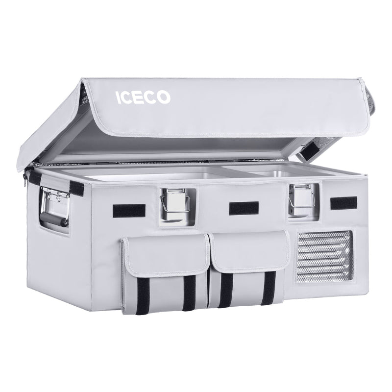 Image of an ICECO portable refrigerator/freezer in a gray protective cover with the lid open, revealing two compartments inside. The front of the cover features pockets, and a side vent is visible, all set against a white background