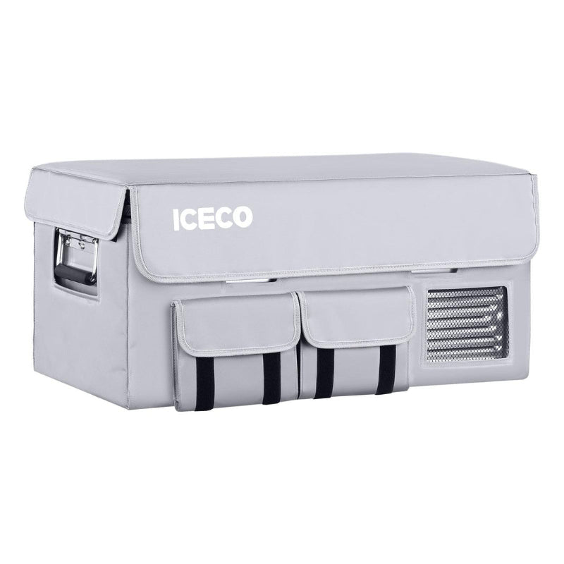 Image of an ICECO portable refrigerator/freezer encased in a gray protective cover, displaying a front view with pockets and a side handle, all on a white background
