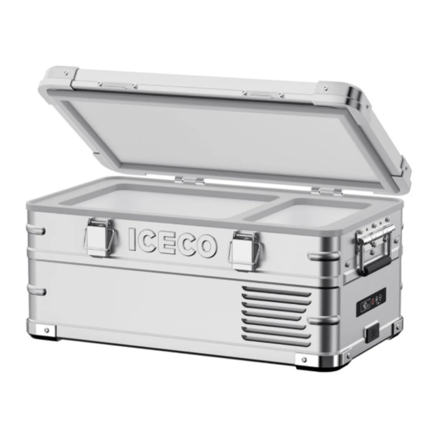 Image of a silver ICECO portable refrigerator/freezer with chrome accents and the lid partially open, revealing a white interior with two compartments, shown from an angled front and side view on a white background