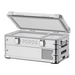 Image of a silver ICECO portable refrigerator/freezer with chrome accents and the lid partially open, revealing a white interior with two compartments, shown from an angled front and side view on a white background