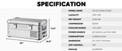Image displaying the specifications of the ICECO APL20 single-zone portable refrigerator, detailing its model name, 21QT/20L capacity, 22.88 lbs net weight, SECOP compressor, -4°F to 68°F cooling range, DC 12/24V or AC 110-120V power source, 0.293KW.H/24H consumption, 25 x 14.9 x 11.6 inches dimensions, app control, and aluminum material