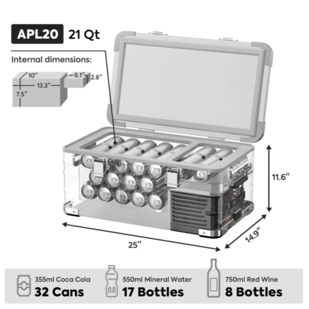 Image displaying the internal dimensions and capacity of the APL20 21 Qt portable refrigerator, showing it can hold 32 Coca-Cola cans, 17 mineral water bottles, or 8 red wine bottles, with the lid open