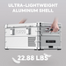 Image featuring a silver ICECO portable refrigerator made with an "ULTRA-LIGHTWEIGHT ALUMINUM SHELL" weighing 22.88 lbs, with hands seen lifting it from the top and side handle, on a gray background