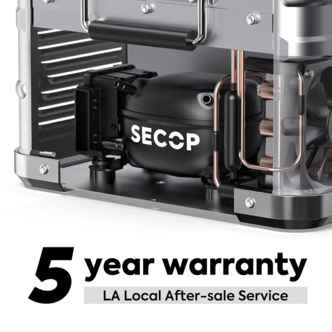 Image showcasing the internal SECOP compressor of an ICECO portable refrigerator, with text indicating a "5 year warranty" and "LA Local After-sale Service"