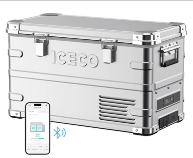 An image of a silver ICECO portable refrigerator/freezer, possibly made of aluminum, with robust latches and handles. A smartphone screen is displayed in the foreground, showing an app interface for controlling the cooler's temperature (set to 50°F) and indicating Bluetooth connectivity. The cooler has a sleek, modern design with ventilation grilles on the side