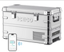 An image of a silver ICECO portable refrigerator/freezer, possibly made of aluminum, with robust latches and handles. A smartphone screen is displayed in the foreground, showing an app interface for controlling the cooler's temperature (set to 50°F) and indicating Bluetooth connectivity. The cooler has a sleek, modern design with ventilation grilles on the side